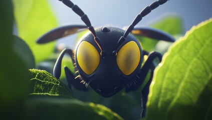 On a leaf, a wasp's face and body are visible in close-up detail, with darkness surrounding it