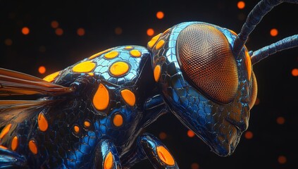 In this image, a wasp displaying yellow and black stripes is captured up close, sitting on a surface that has a textured appearance, with darkness surrounding it