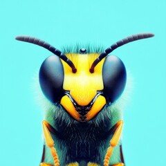The image depicts a wasp featuring yellow and black stripes set against a teal-colored backdrop