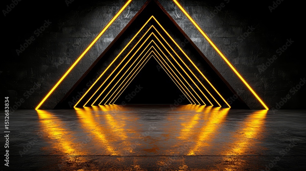 Poster series of yellow lines on a black background. the lines are arranged in a triangular shape. the imag