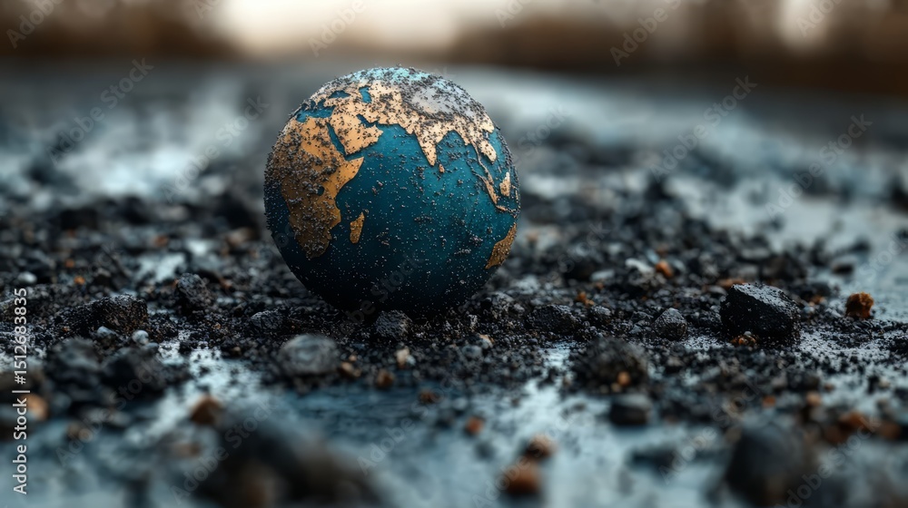 Poster small blue and gold globe is sitting on a rocky surface. the globe is surrounded by rocks and dirt, 