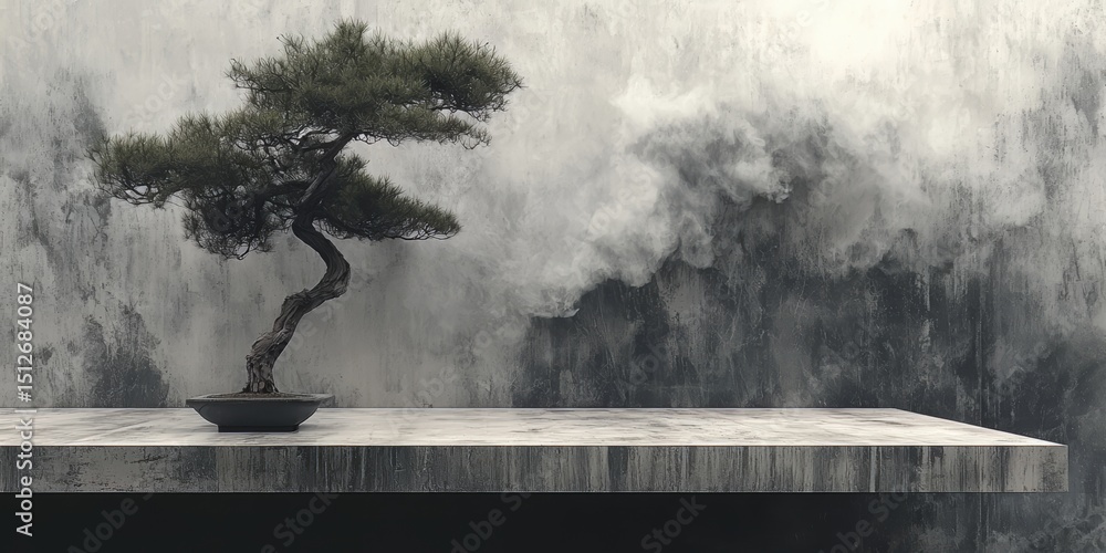 Poster Small potted tree is on a ledge in front of a wall. The tree is surrounded by a grey and white background, which gives the image a calm and serene atmosphere