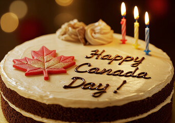 Celebratory Canada Day Cake with Maple Leaf and Candles
