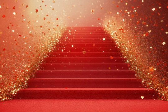 The Red Carpet Ascent: A dramatic upward perspective of a luxurious red carpet staircase, sprinkled with radiant golden confetti. - Powered by Adobe