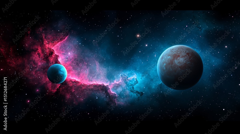 Aufkleber space scene with two planets and a cloud of red and blue. the planets are in the foreground and the 