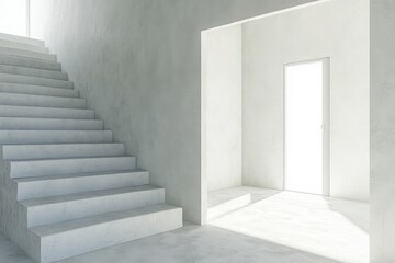 Fototapeta premium Modern Minimalist Staircase: Clean lines and a bright, airy atmosphere define this modern minimalist staircase design. The concrete stairs lead to a light-filled interior space.