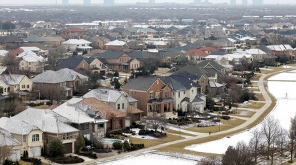 Snowy suburban neighborhood with houses and a street. The houses are mostly white and the street is covered in snow