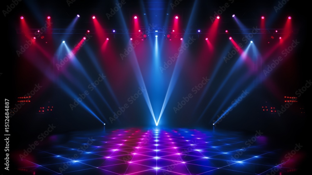 Fototapete Stage with a blue and red floor and multiple lights shining on it. The stage is empty and the lights are on, creating a vibrant and energetic atmosphere