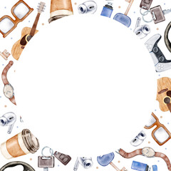 Watercolor frame of tech and lifestyle items acoustic guitar leather watch coffee cup car keys USB flash drive gaming controller steering wheel earbuds and eyeglasses blank center on white