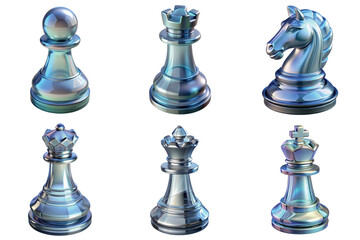 Glass chess 3d set with king, queen, bishop, knight, rook, and pawn pieces isolated on transparent background, elegant reflections and shadows, luxury game collection