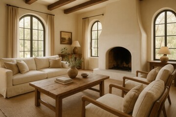 Fototapeta premium Cozy Mediterranean-modern living room with a rustic coffee table centered between a comfortable sofa and armchairs, facing a grand fireplace and arched windows.