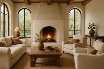 Fototapeta premium Cozy Mediterranean-modern living room with a rustic coffee table centered between a comfortable sofa and armchairs, facing a grand fireplace and arched windows.