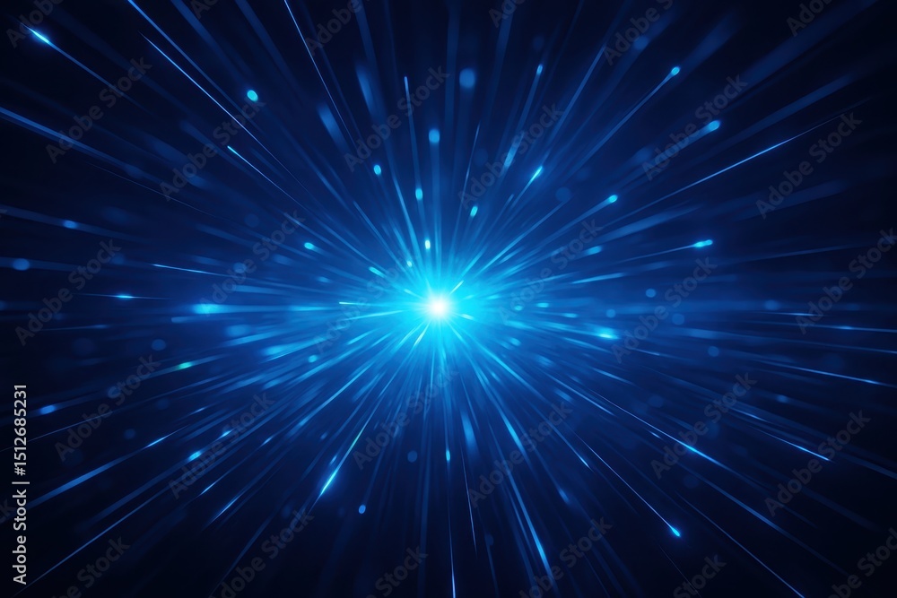 Poster dynamic explosion of radiant blue light streaks and sparkling particles, an abstract representation 