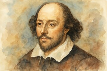Evocative watercolor portrait of William Shakespeare, the renowned Elizabethan playwright, capturing his iconic features and intellectual depth, a timeless artistic tribute.