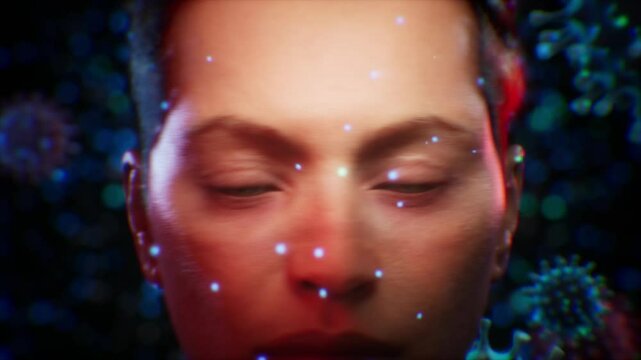 A young woman frowns and feels anxious, visualization of a multitude of bacteria and viruses in the air around a person, giant scale, conceptual image