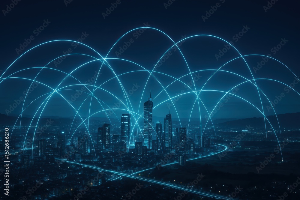 Poster hyper-connected digital city skyline interwoven with a luminous grid representing high-speed informa