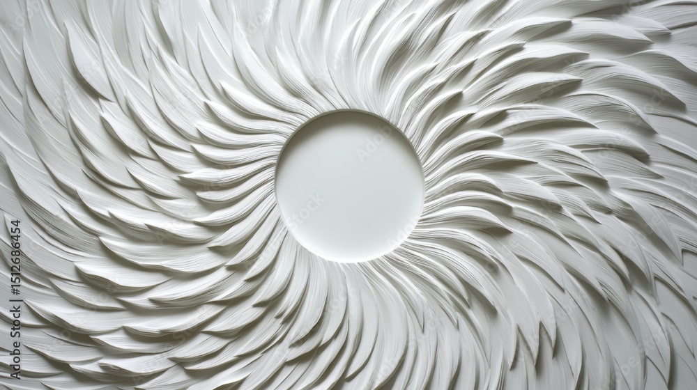 Fototapete The image is a white circle with a white feathery pattern surrounding it. The feathery pattern is made up of many small white lines that create a sense of movement and flow