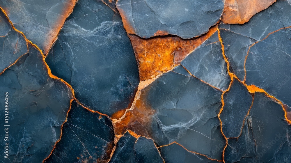 Poster the image is of a broken piece of stone with a blue and orange color. the stone is in a cracked and 
