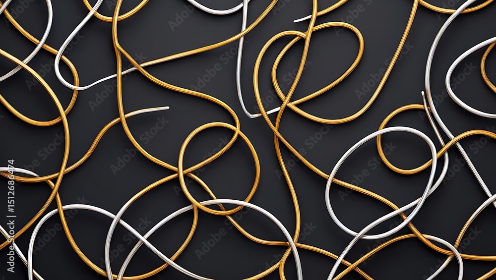 Poster abstract gold and silver threads intertwined lines and curves on dark background