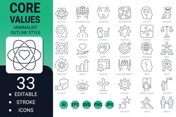 Core values icon set – editable stroke vector symbols for ethics, teamwork, and leadership