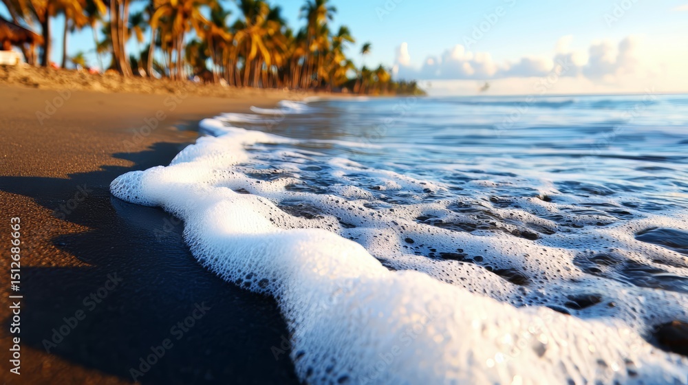 Aufkleber The ocean is calm and the waves are small. The beach is sandy and there are palm trees in the background