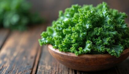 Fresh green kale bowl wooden surface. Healthy leafy vegetable, ingredient for salad, cooking. Rustic dark background photo. Vegan vegetarian diet. Freshness, vitamins, minerals, antioxidants.