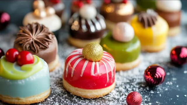 A row of colorful cupcakes with different toppings. Some are pink, some are green, and some are yellow