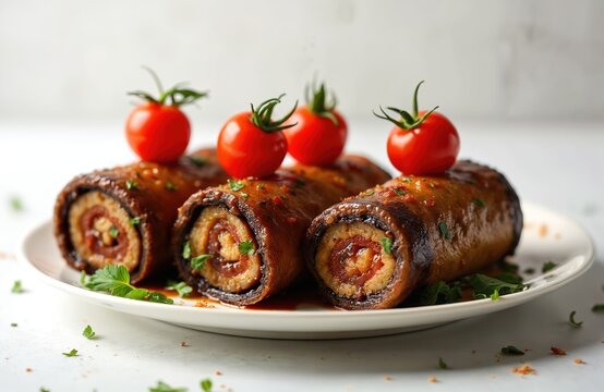 Traditional Turkish Islim kebabi, delicious Kofte wrapped in fried eggplant. Tasty meat rolls topped with fresh cherry tomatoes on white plate. Authentic, homemade food, Turkish cuisine.