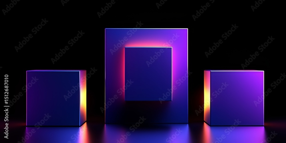 Leinwandbilder Three cubes are lit up in purple and yellow. The cubes are arranged in a row, with the middle cube being the tallest. The cubes are illuminated, creating a sense of depth and dimension
