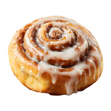 Classic baked cinnamon swirl roll with sugar glaze on top, isolated on transparent background.