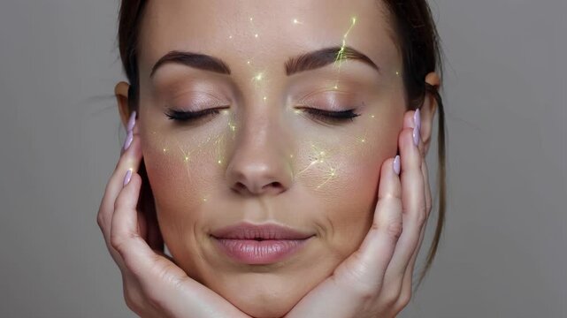 Woman, face and relax in skincare technology on mockup space in hygiene, dermatology or skin map