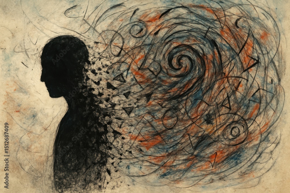 Aufkleber surreal artistic representation of inner turmoil a fragmented human silhouette dissolving into chaot
