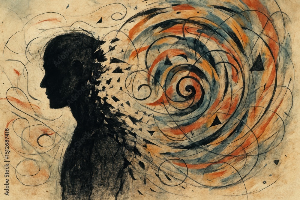 Aufkleber surreal artistic representation of inner turmoil a fragmented human silhouette dissolving into chaot