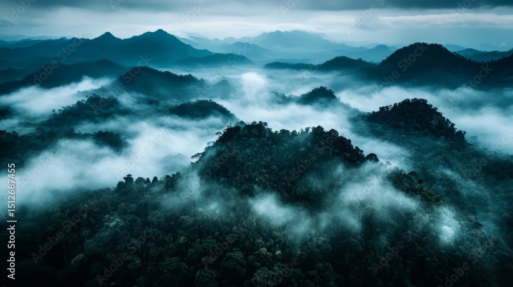 Aufkleber the sky is filled with clouds and the mountains are covered in trees. the atmosphere is serene and p
