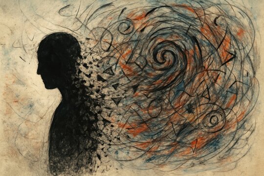 Surreal artistic representation of inner turmoil a fragmented human silhouette dissolving into chaotic abstract patterns.