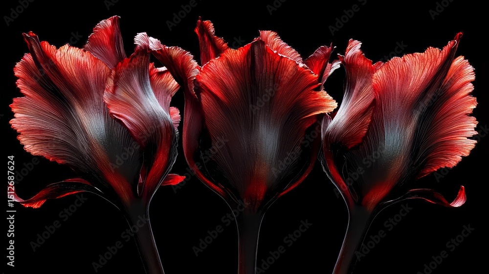 Poster three red flowers with black stems. the flowers are arranged in a row and are the same size