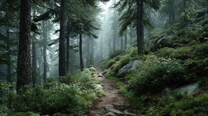 Fototapeta premium Enchanting forest path: A misty journey through serene woodland beauty