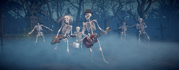 Halloween party: spooky music band playing rock in scary gothic cemetery. Funny skeletons dancing, playing guitars and drums.