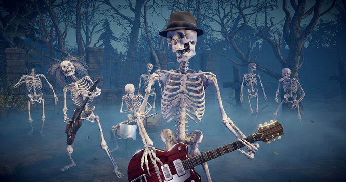 Halloween party: spooky music band playing rock in scary gothic cemetery. Funny skeletons dancing, playing guitars and drums.