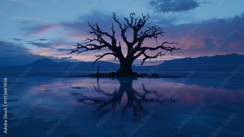 Poster tree is standing in a lake at dusk. the sky is a mix of blue and pink, creating a serene and peacefu