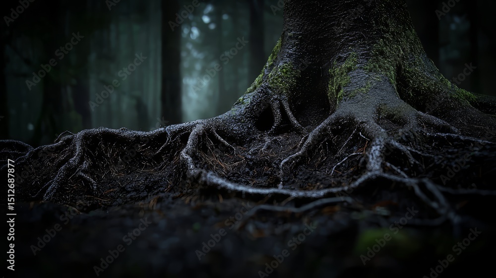 Poster tree root is shown in a dark forest. the image has a moody and mysterious feel to it, as the dark fo