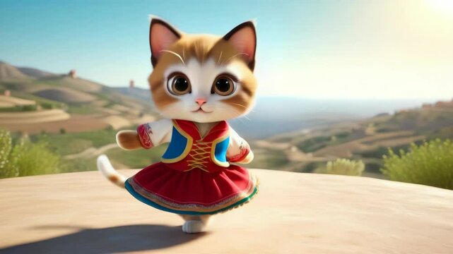 Kitten in Spanish costume: "3D rendering of a cute kitten with big round eyes, dressed in a red and black Spanish folk costume, dancing on its hind legs. A colorful Spanish landscape is in the backgro