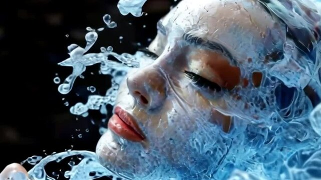 Rain-kissed woman's face, a black stone sculpture expressing serene beauty in the night