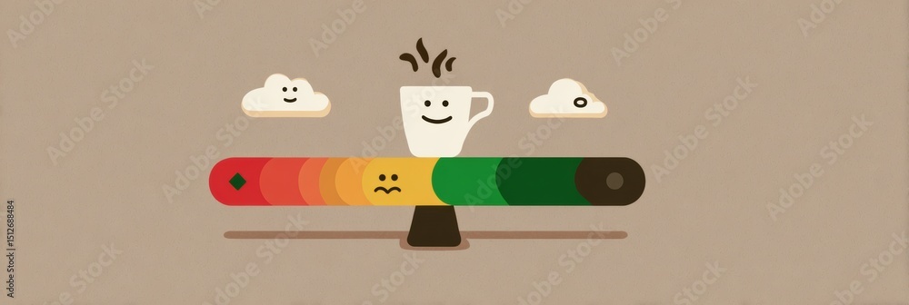 Poster mood scale illustrating anxiety to calmness with coffee icon representing comfort and joy in a creat