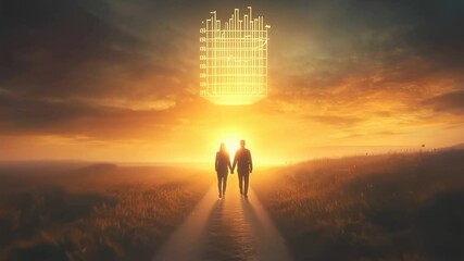 Couple walking into sunset with data visualization, optimistic future - Powered by Adobe