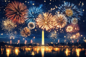 Fototapeta premium Washington monument fireworks fourth of July.