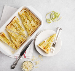 A slice of rhubarb pie or tart on a white plate Rhubarb Pie or Tart with sour cream filling . Top view, copy space.