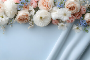 Blue background with cloth fold and pink flower in the corner. Blank for invitation or greeting card.