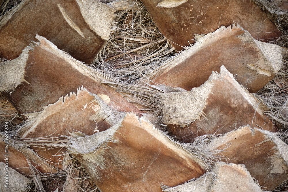 Poster close-up view of palm tree bark texture with natural patterns and rough fibers