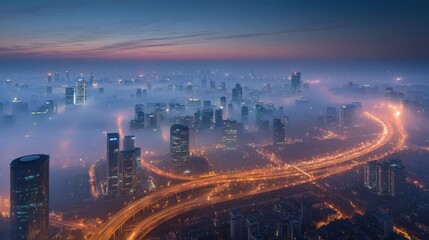 Fototapeta premium A vibrant city skyline emerges through a dense layer of fog during twilight, with glowing highways weaving through the urban landscape. The scene conveys a sense of mystery and energy